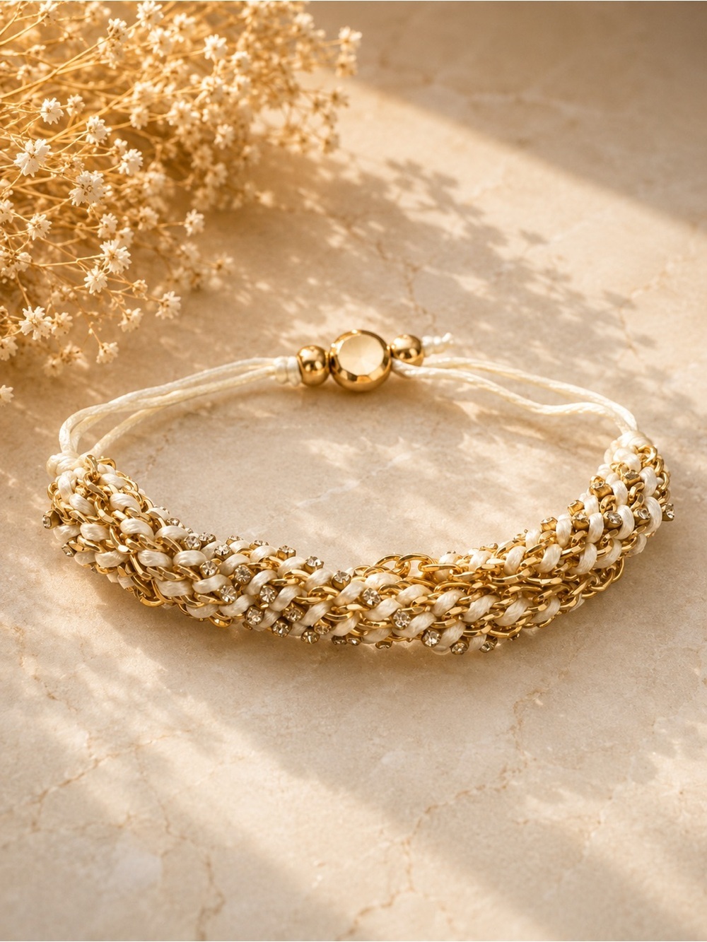 Gold and Cream Braided Chain Adjustable Bracelet